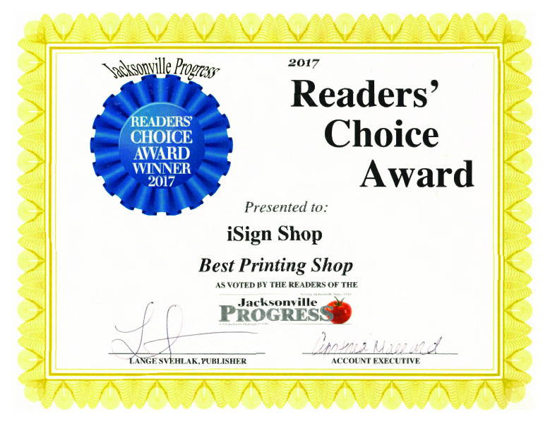 Readers Choice Award for iSignShop Best Printing Shop 2017