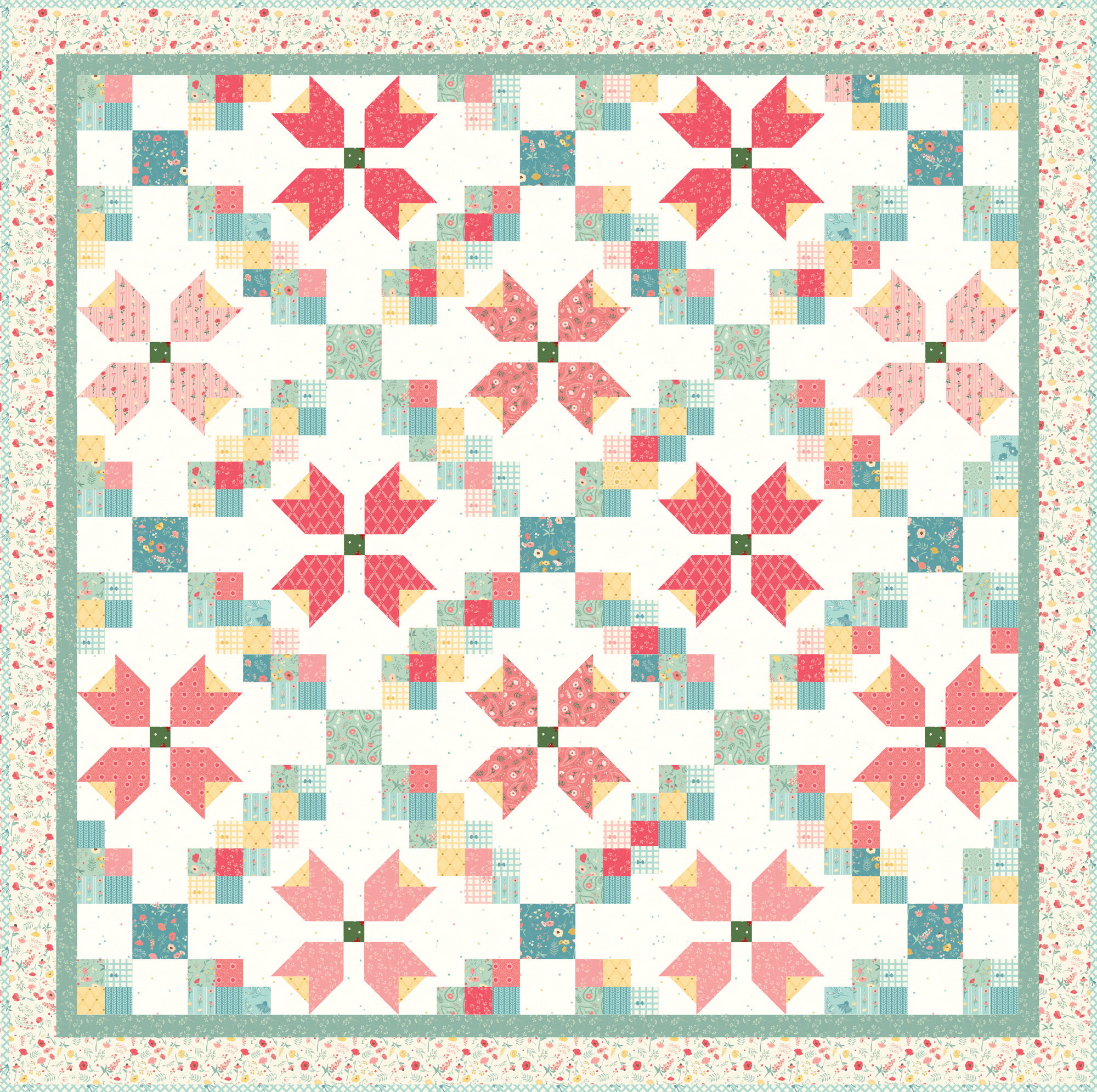 A colorful quilt pattern featuring floral designs and geometric shapes.