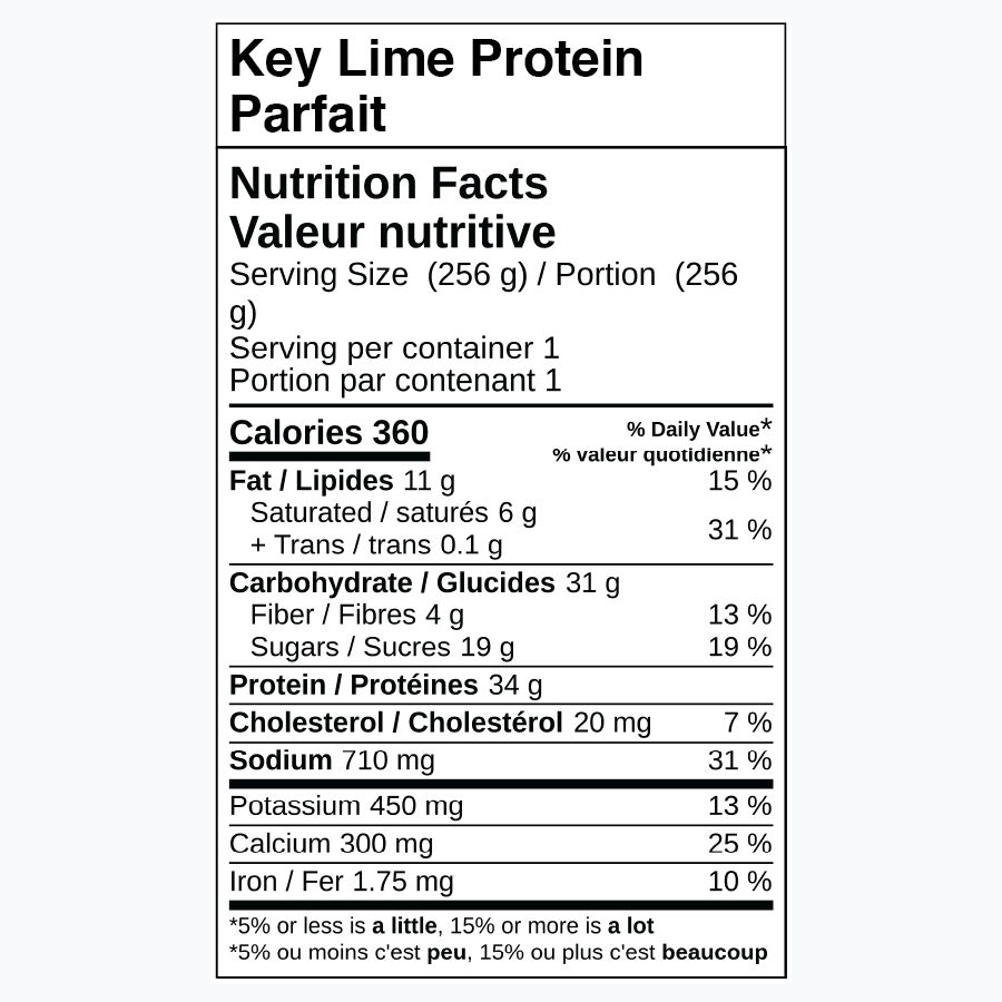 Key Lime Protein Parfait nutrition facts label.