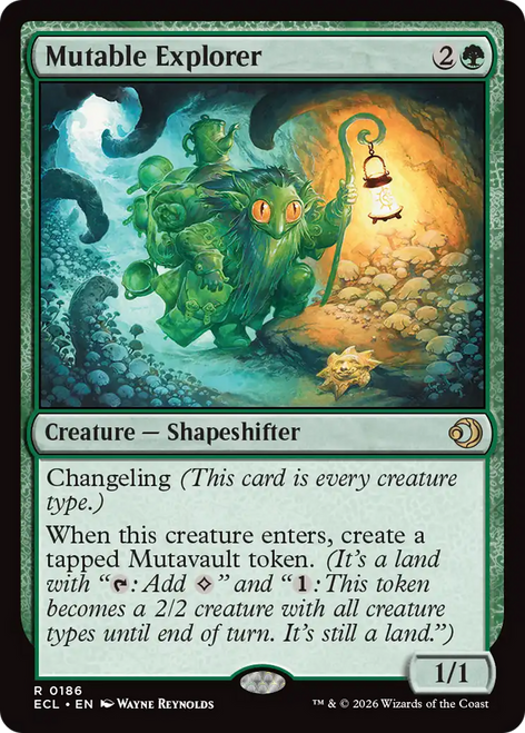 Card illustration of Mutable Explorer, a shapeshifting creature in a mystical setting.