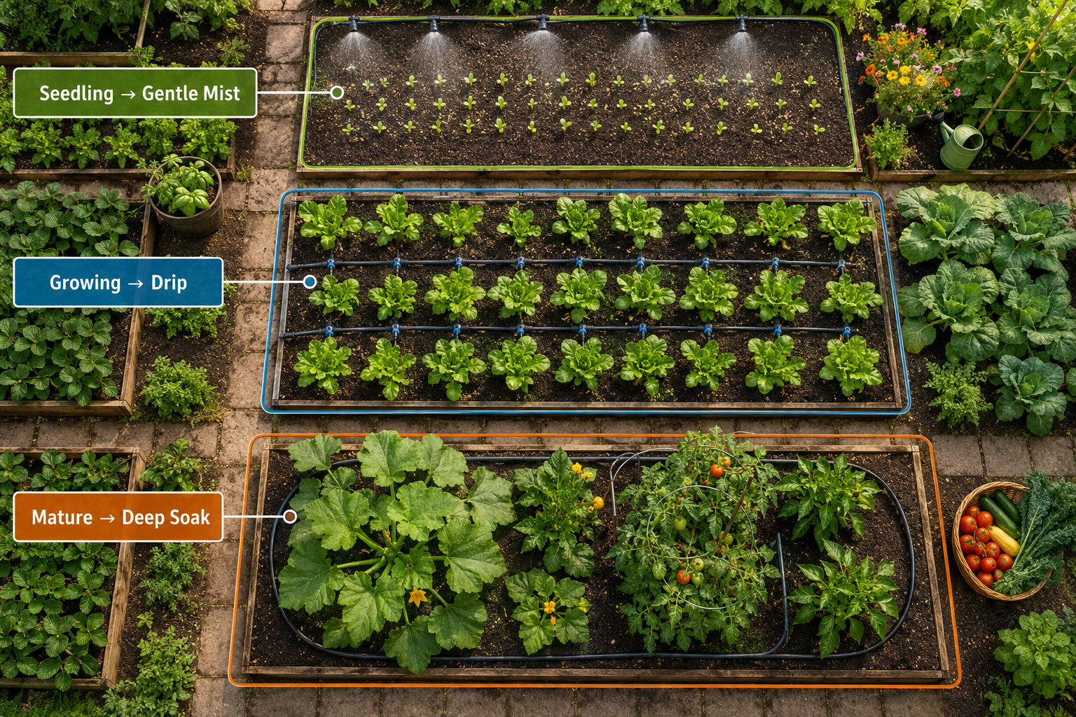 Gardening stages: Seedling, Growing, Mature with various plants in raised beds.