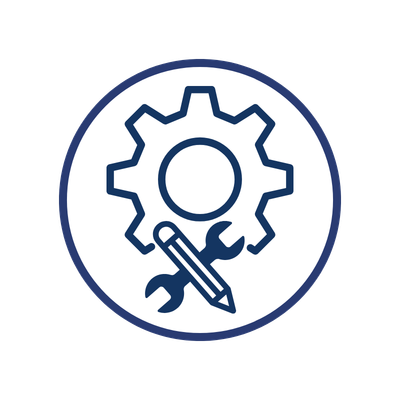 Gear icon with a wrench and pencil inside a circle.