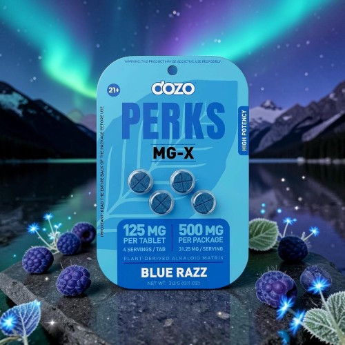 Packaging of Cozo Perks MG-X Blue Razz tablets against a scenic backdrop.