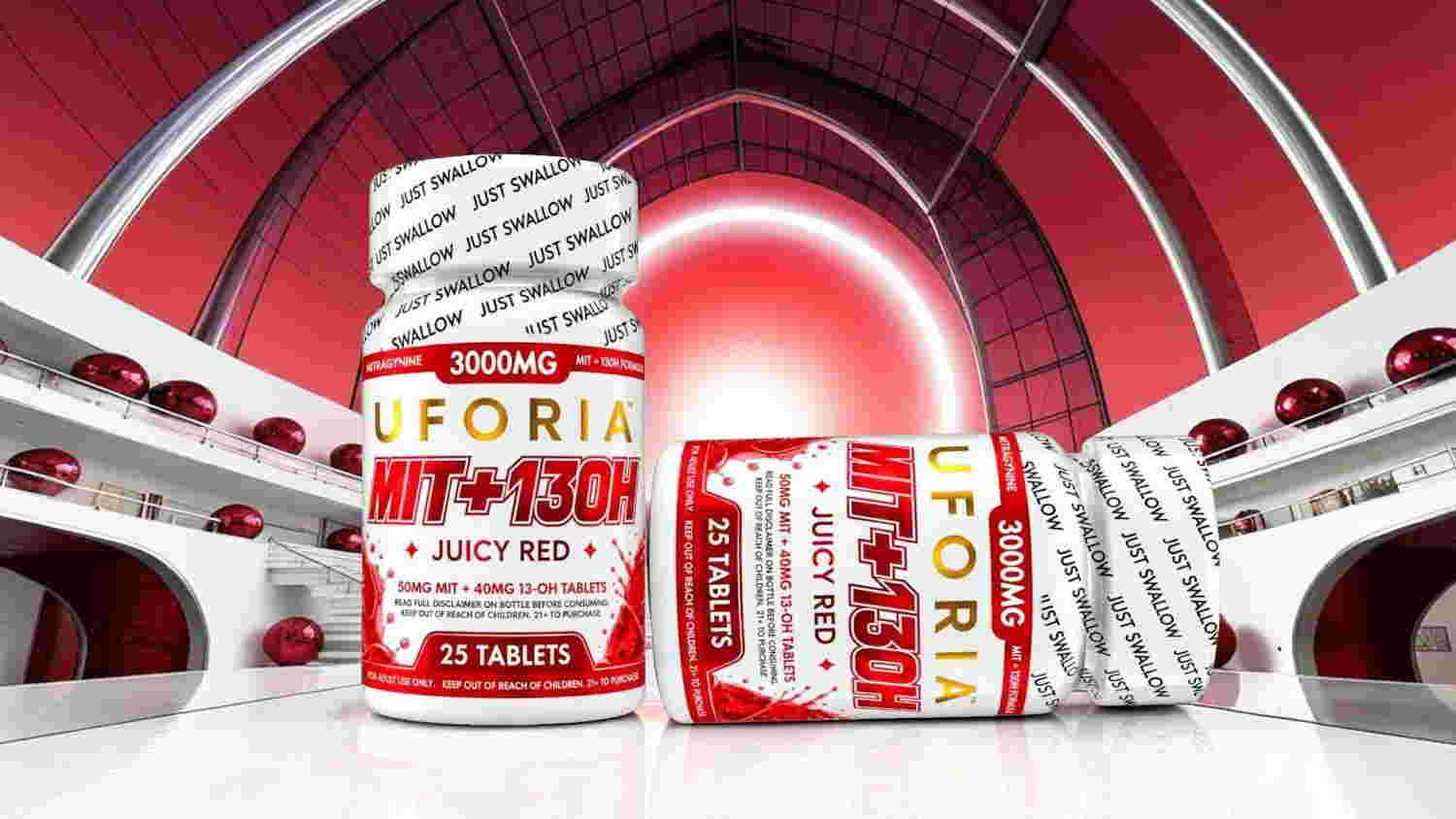 Two bottles of Uforia supplements against a red futuristic background.