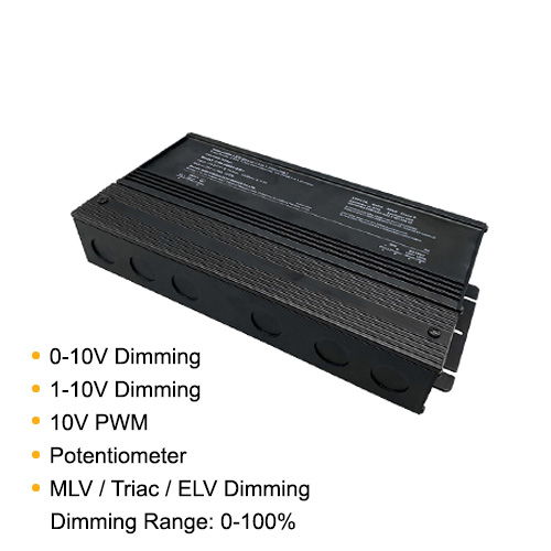 5-in-1 Dimmable LED Driver 600W 24V constant voltage power supply supporting 0-10V, 1-10V, 10V PWM, potentiometer, MLV, TRIAC, and ELV dimming with 0–100% brightness control