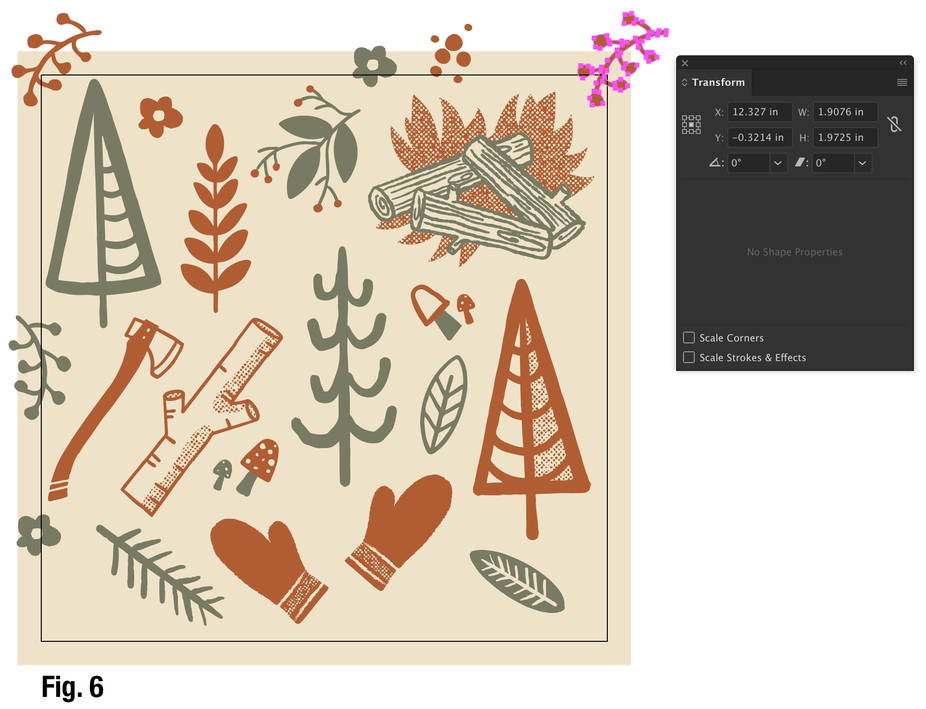 Figure 6 forest and camping motifs on an Illustrator file. A branch is copied along the x-axis using the Transform tool.