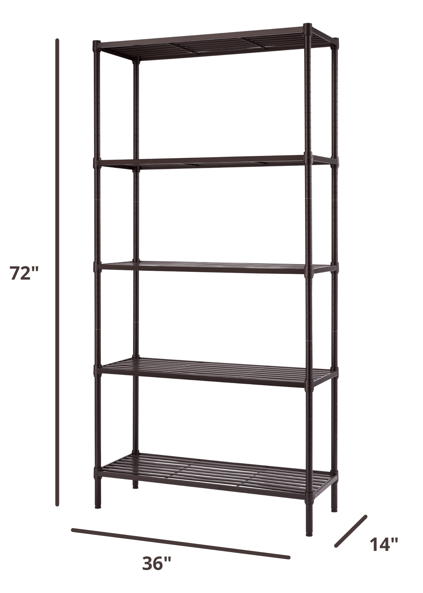 72 inches tall by 36 inches wide by 14 inches deep slat shelving rack with 5 shelves