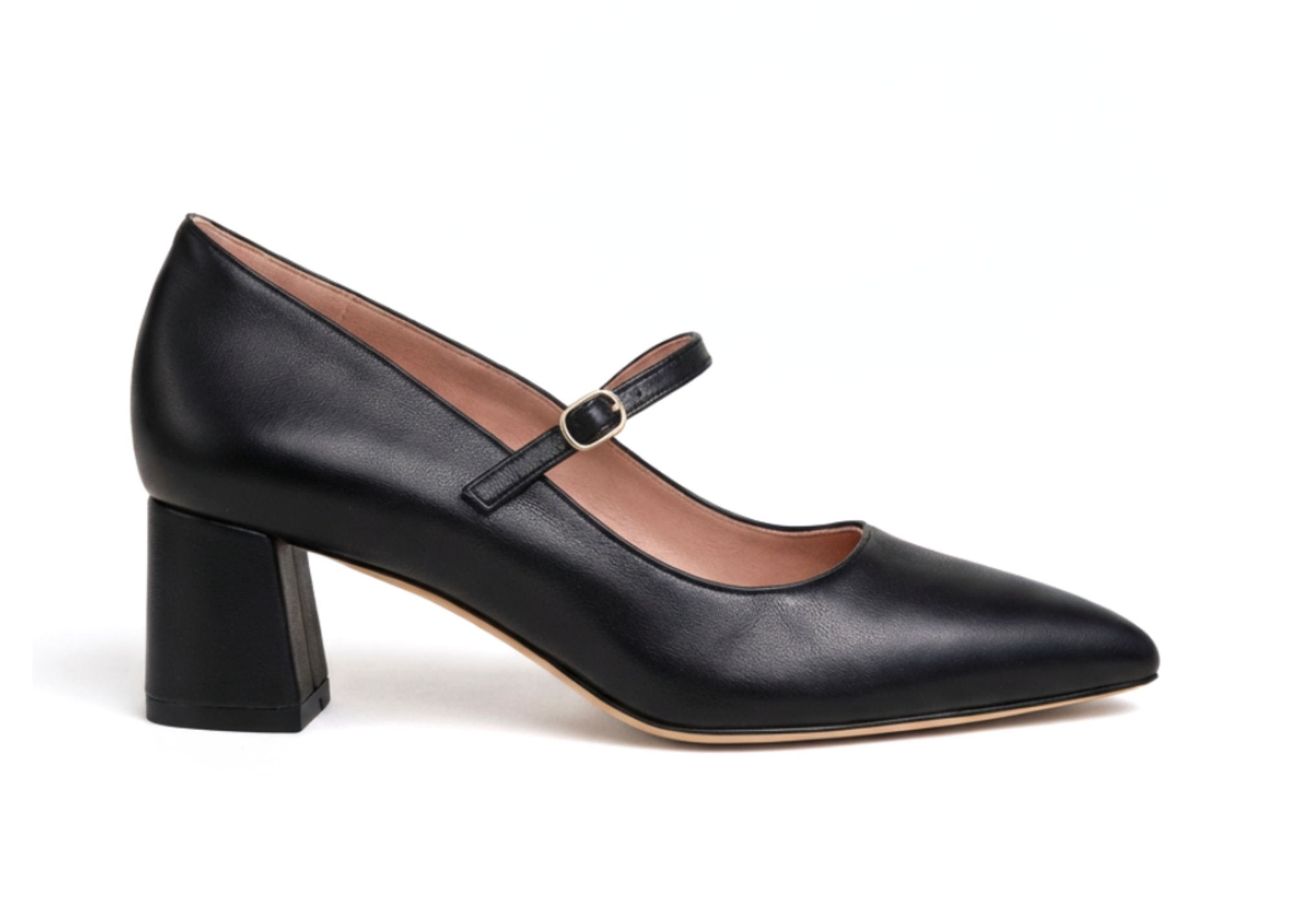 Black leather high-heeled shoe with a strap and block heel.