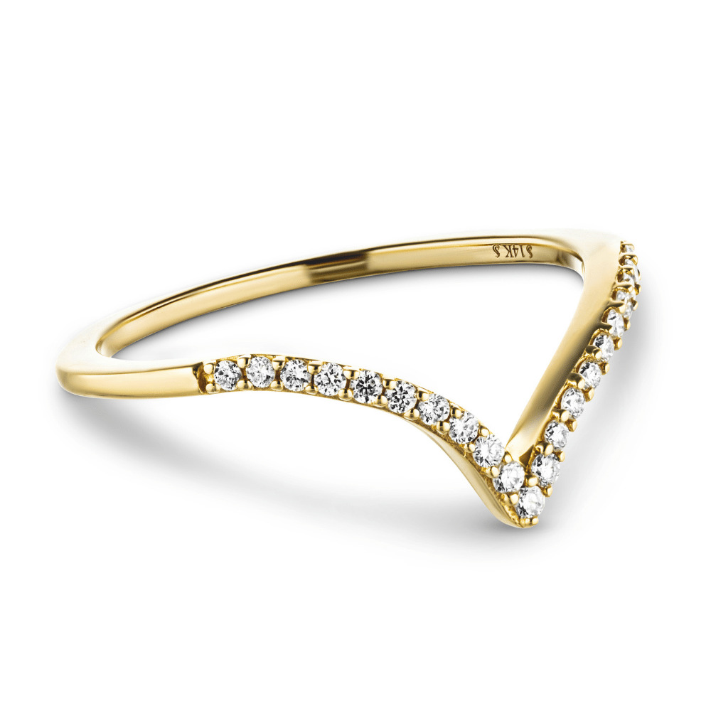 stackable V shaped diamond accented gold band