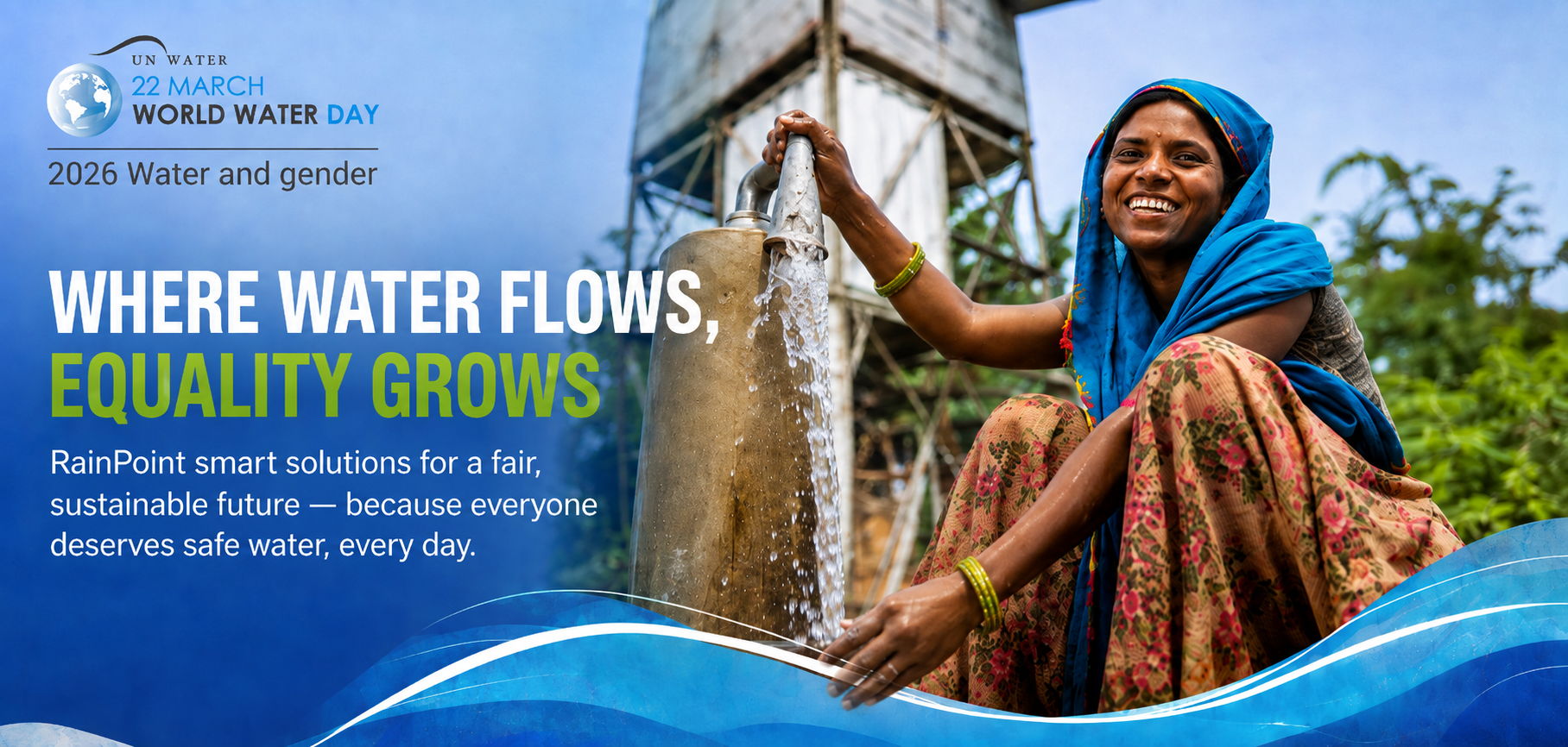 Woman smiling while drawing water, promoting water access and equality.