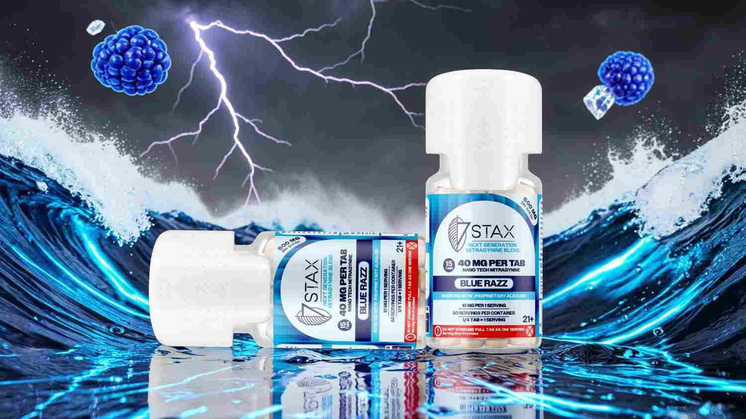 Two bottles of liquid surrounded by waves and lightning.