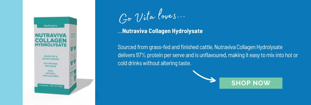 Collagen supplement packaging with promotional text and call-to-action button.