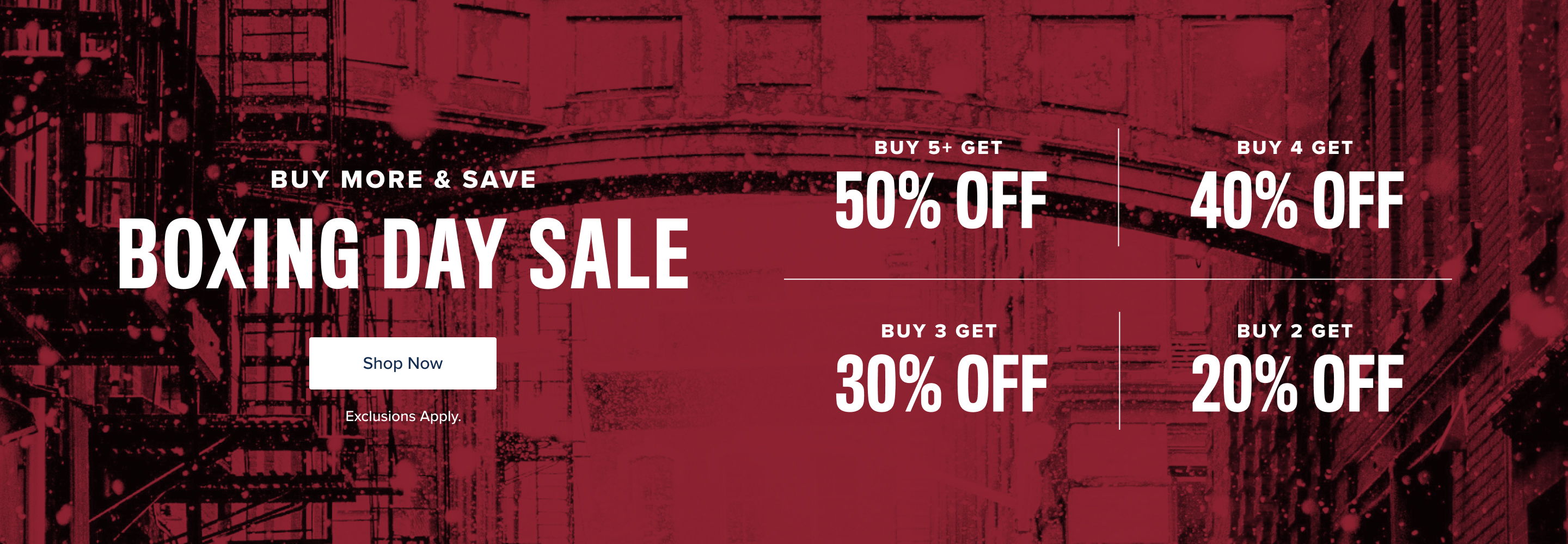 Boxing Day Sale with discounts of 50%, 40%, 30%, and 20% off.