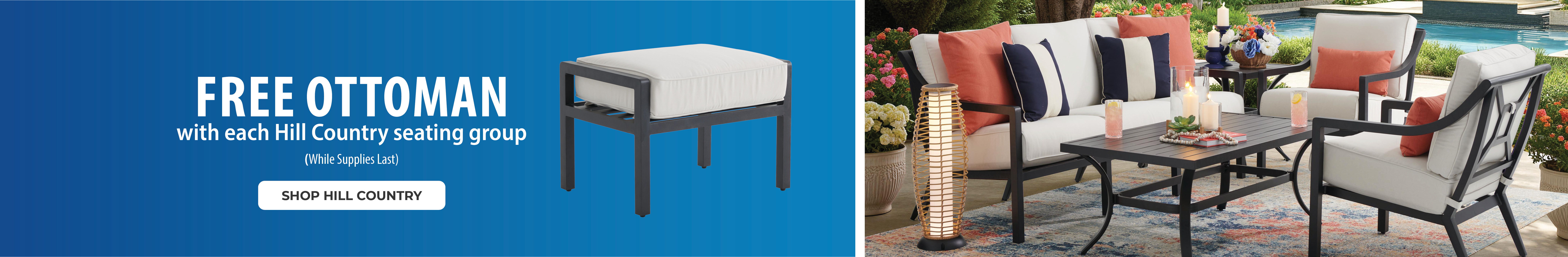 Free ottoman promotion with outdoor furniture set displayed beside a pool.