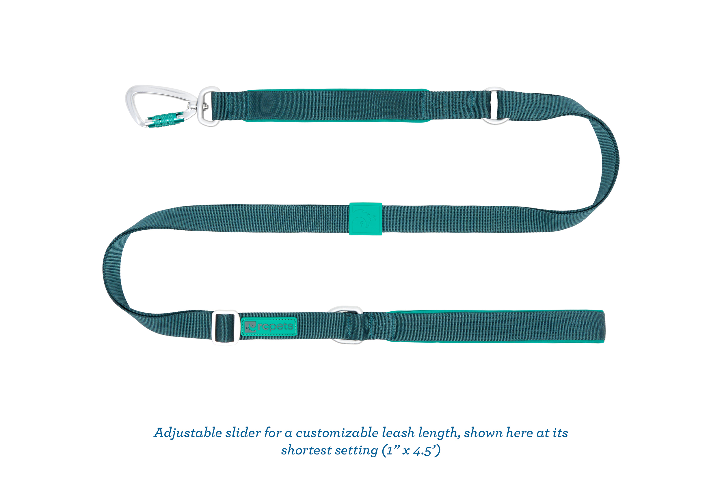 Dog leash with adjustable length and carabiner clip.