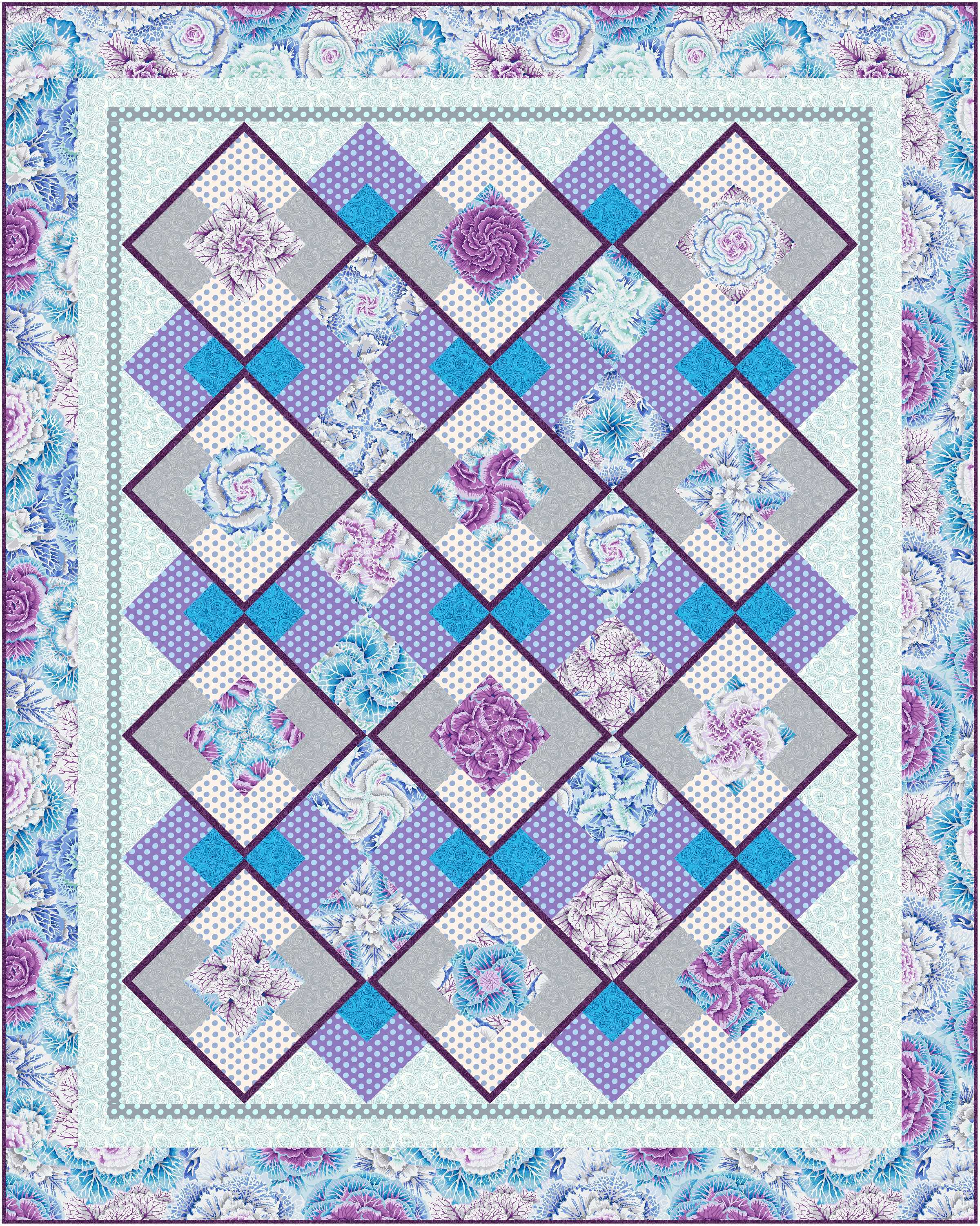 Colorful quilt with floral patterns in blue and purple.