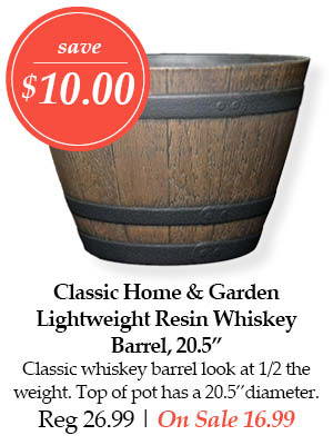 Classic Home and Garden Lightweight Resin Whiskey Barrel, 20.5-inch – Save $10.00! Classic whiskey barrel look at half the weight. Top of pot has a 20.5-inch diameter. | Regular price $26.99. On Sale $16.99