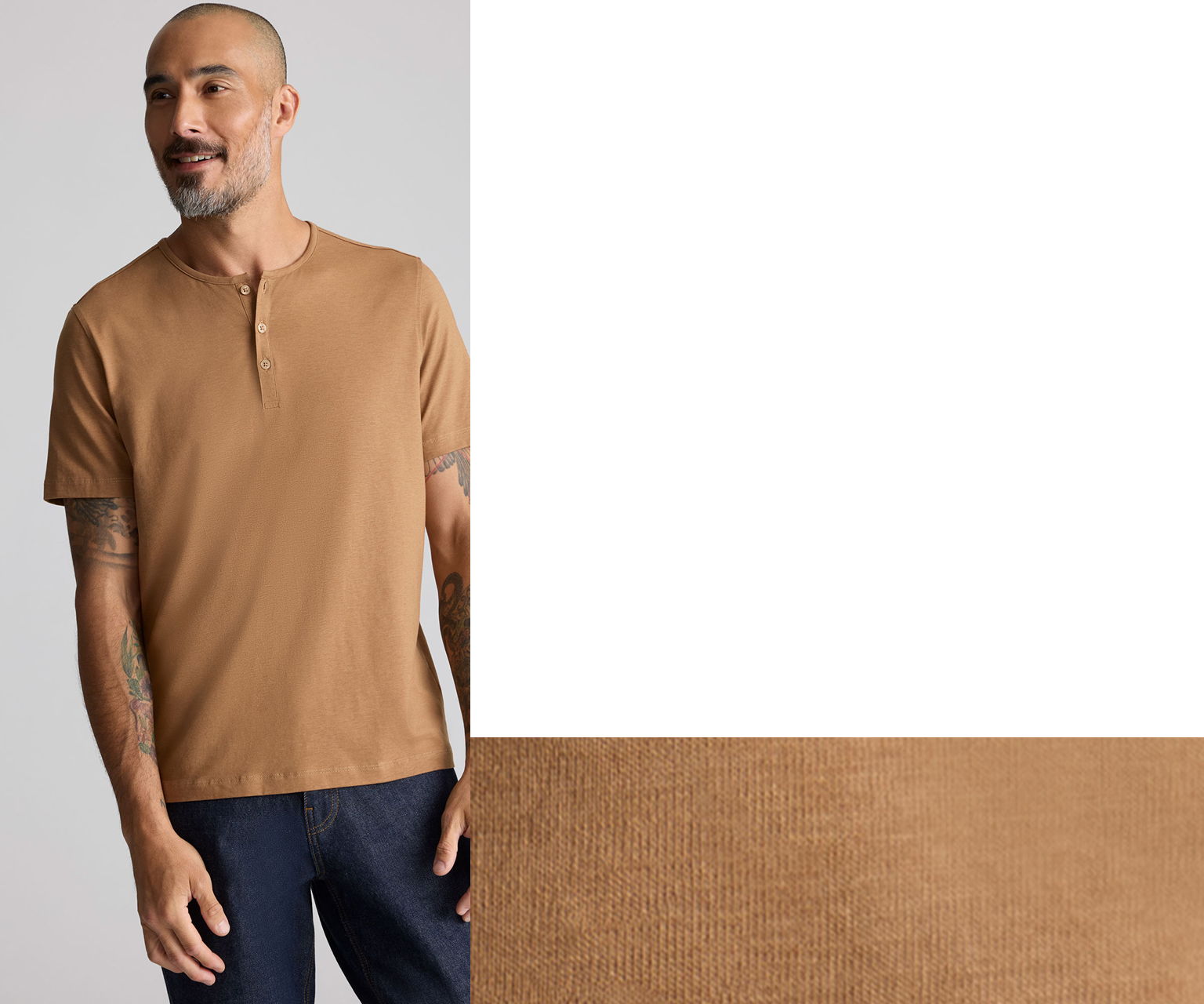 Man wearing a brown shirt, smiling against a light background.