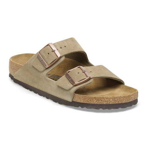 Beige two-strap sandal with a cork footbed and adjustable buckles.