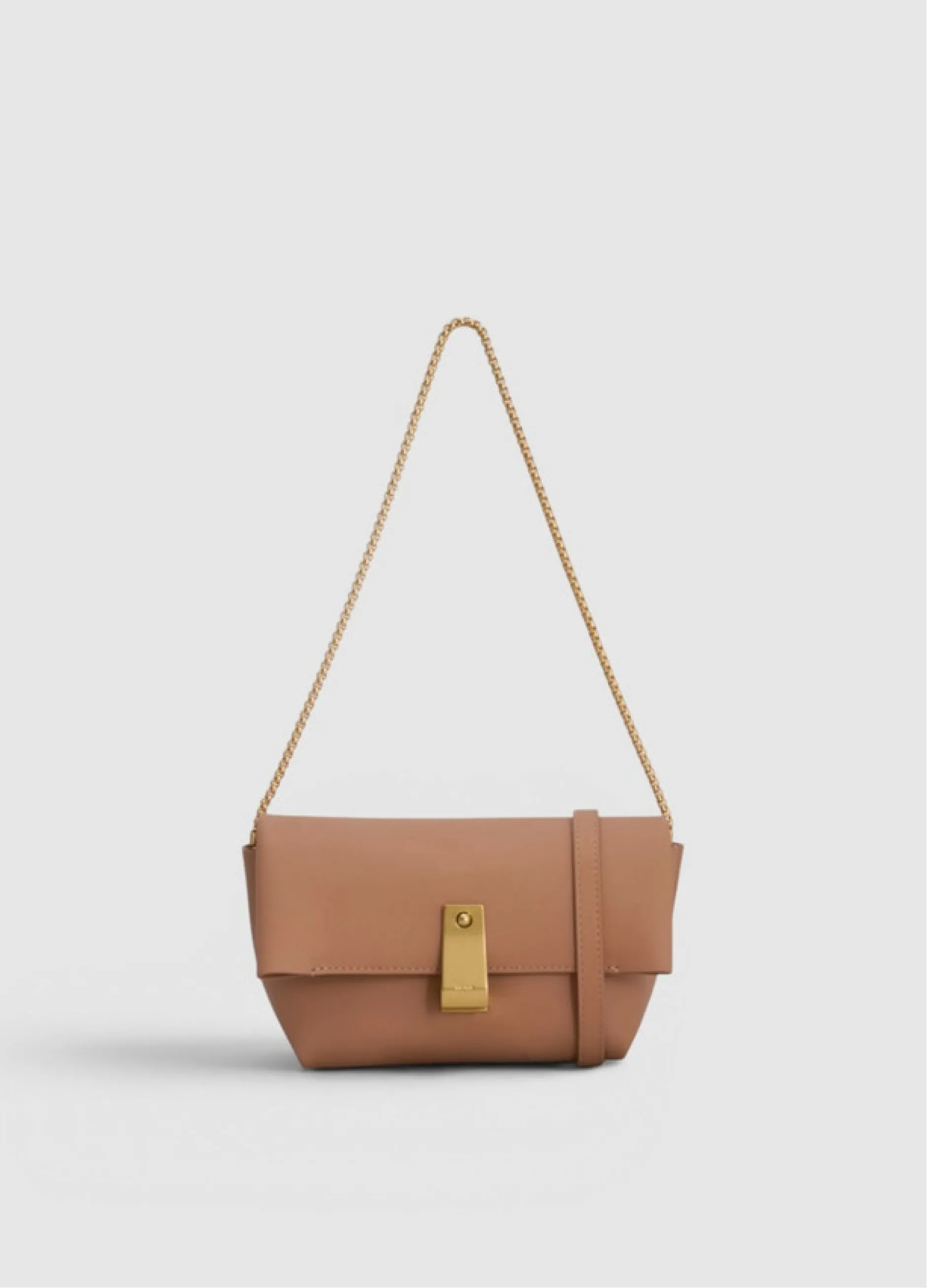Brown handbag with a gold clasp and a shoulder strap.