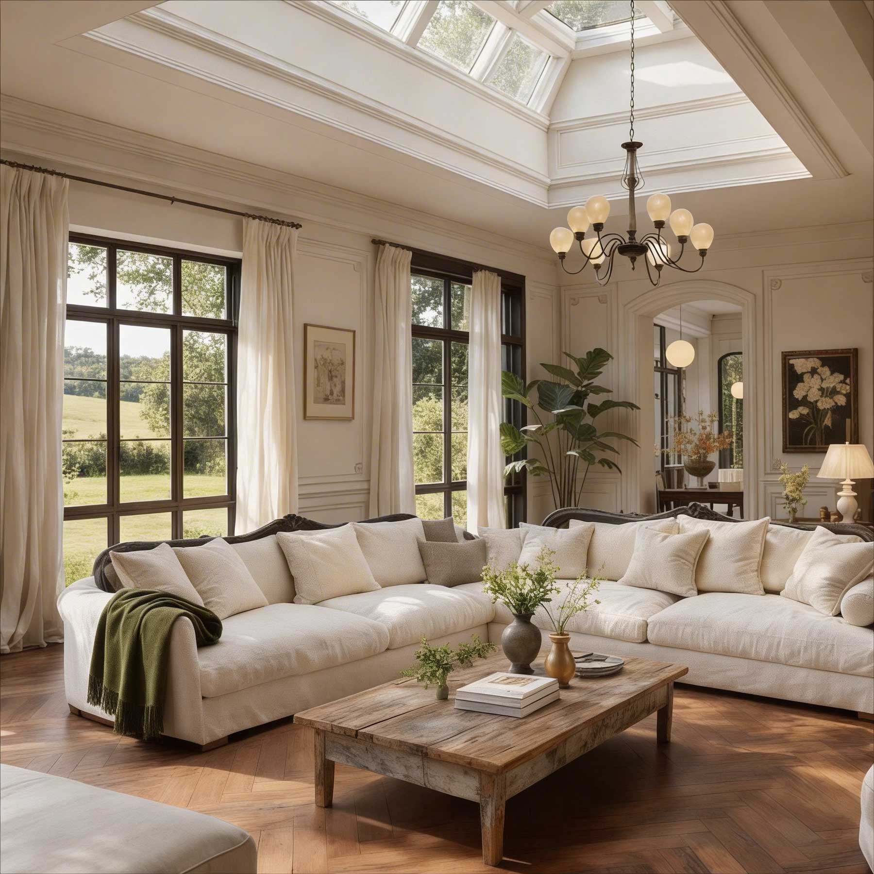 Bright living room with large windows, comfortable seating, and stylish decor.