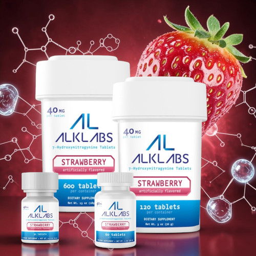 Bottles of strawberry-flavored tablets with molecular background design.