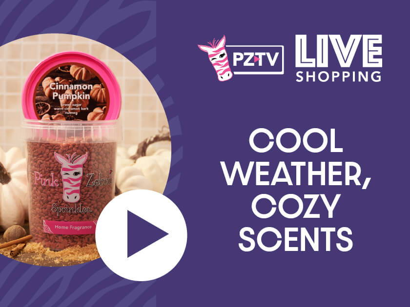 PZTV Live Shopping advertisement for cozy scents in cool weather.