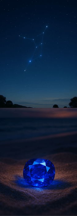 Night sky scene showing the Virgo constellation above a calm ocean horizon, with a glowing blue sapphire gemstone resting on sand in the foreground.