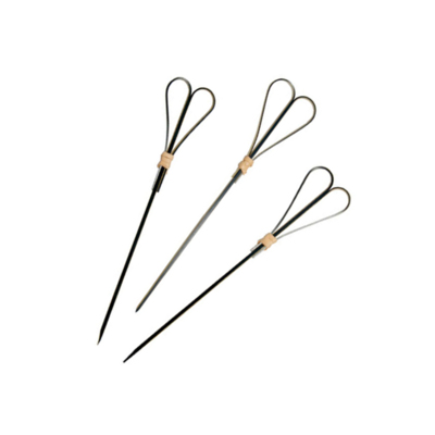 Several black bamboo skewers with looped heart designs