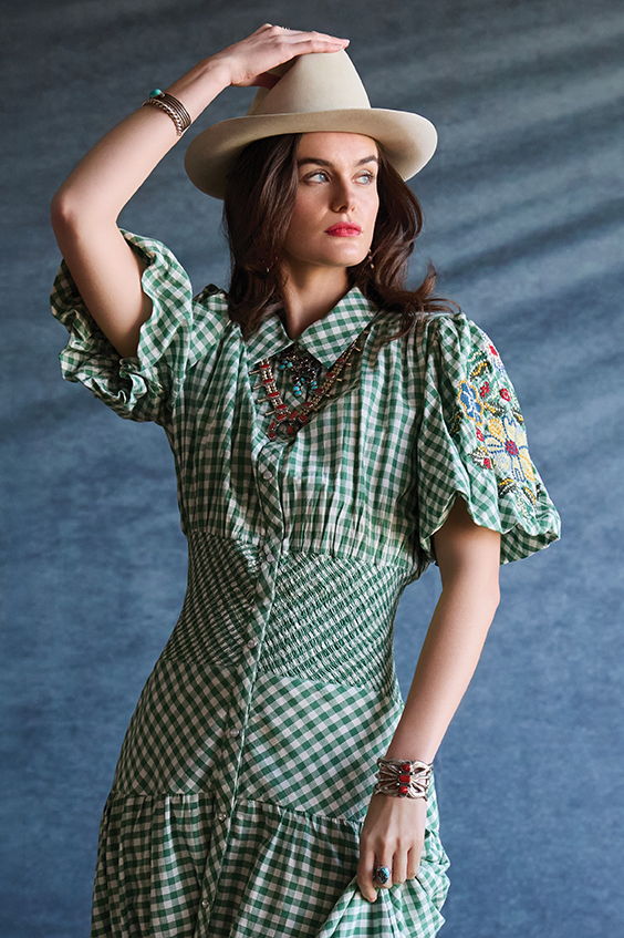 Kaylin wearing the Tea Party Dress with Double D Ranch jewelry and accessories.