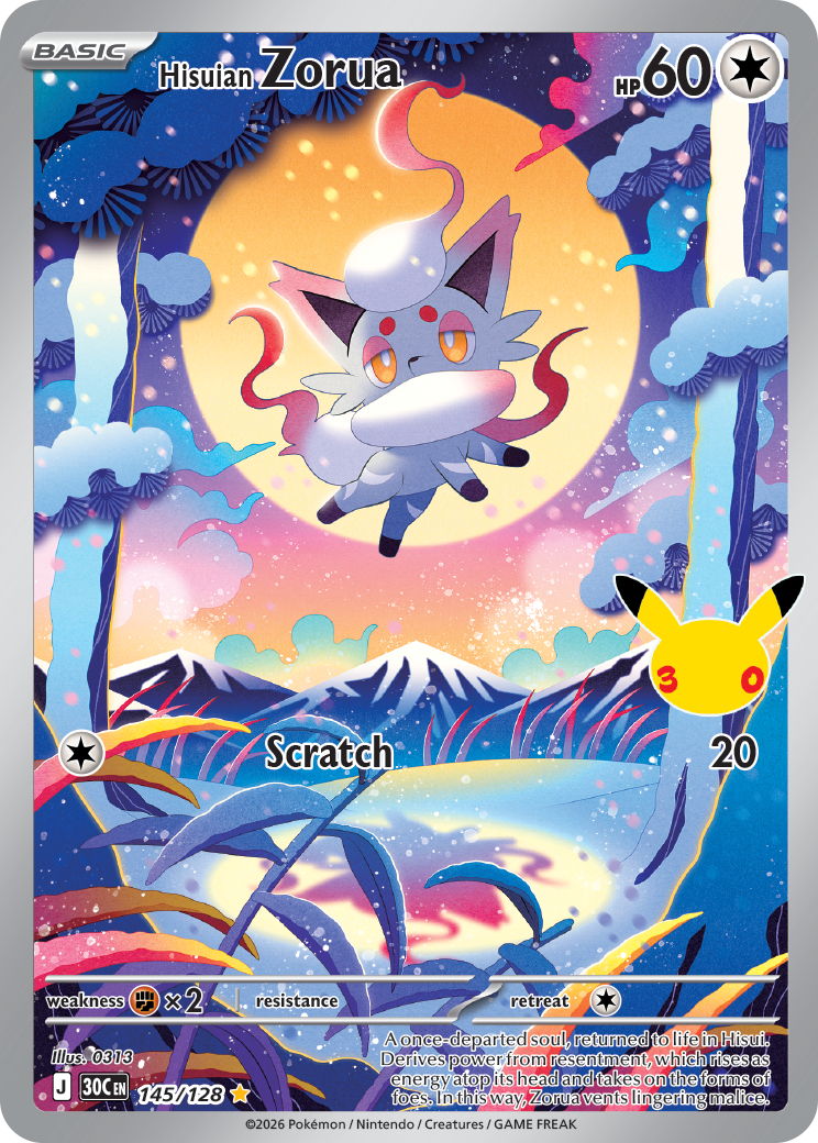The Illustration Rare Hisuian Zorua Card from the Pokémon TCG's 30th Celebration Set,