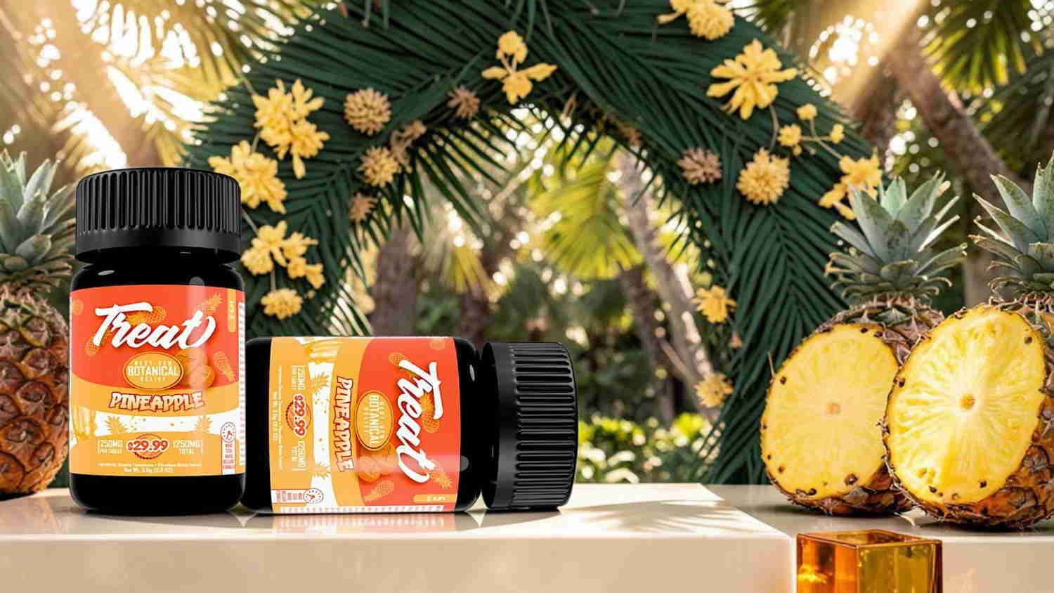 Bottles of fruit supplements with pineapples in a tropical setting.