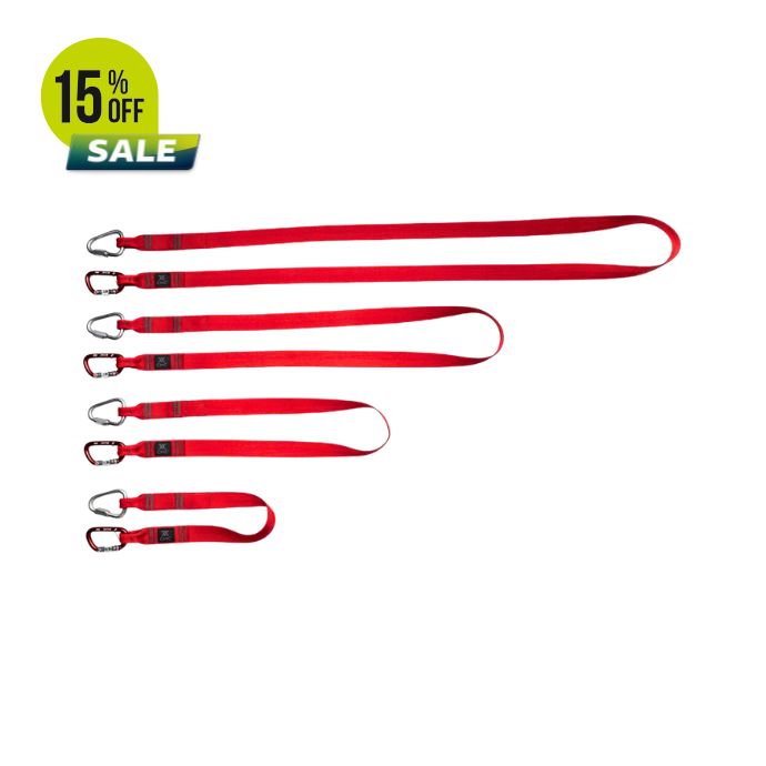 Five red straps with metal clips, labeled 15% off sale.