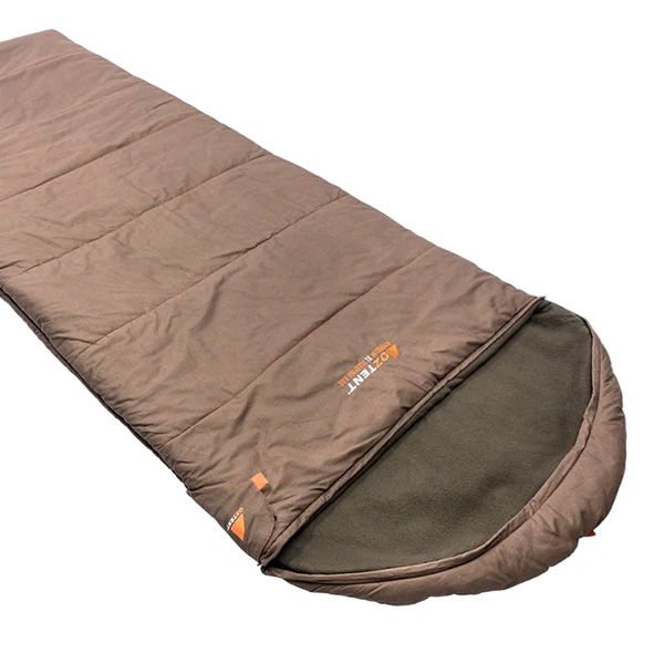 A brown sleeping bag laid out flat.