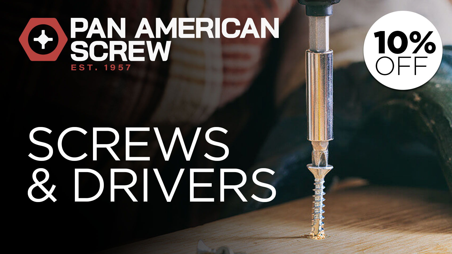 Promotional graphic for Pan American Screw with screws and drivers.