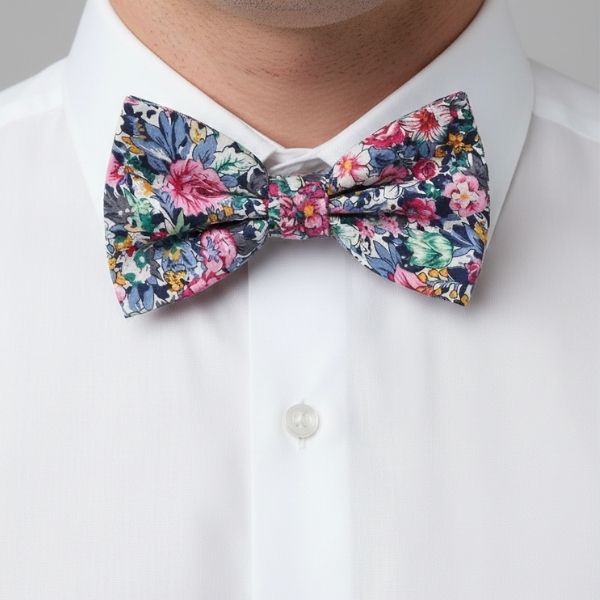 Closeup of a man wearing a colorful floral bow tie with a white dress shirt