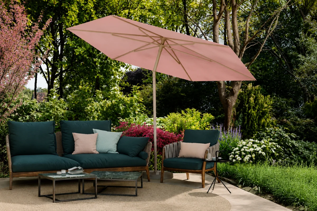 Garden patio seating area shaded by a pink market umbrella, surrounded by lush planting, flowering shrubs, and comfortable outdoor lounge furniture.
