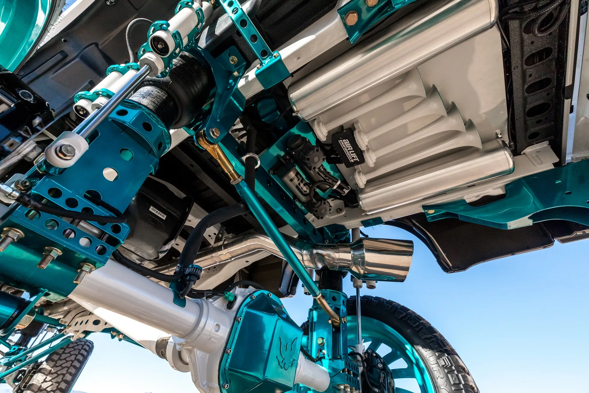 Undercarriage train horn and suspension detail on Ford Super Duty