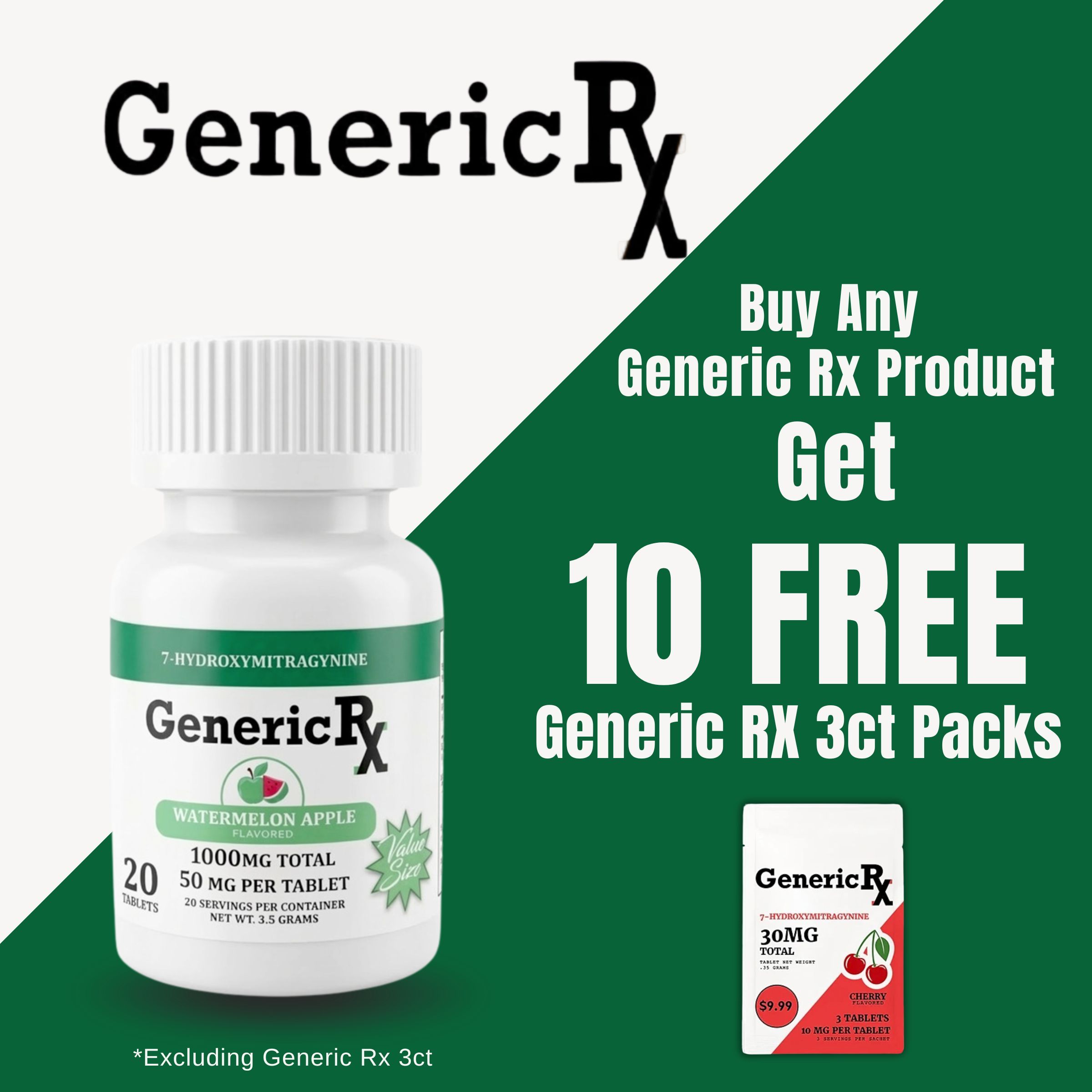 Bottle of GenericRx with promotional text for free packs.
