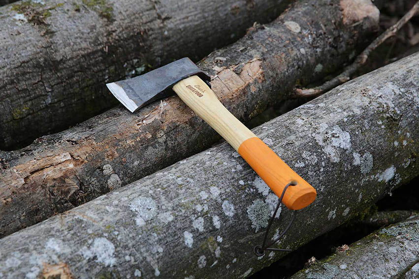 Axe resting on a pile of logs.
