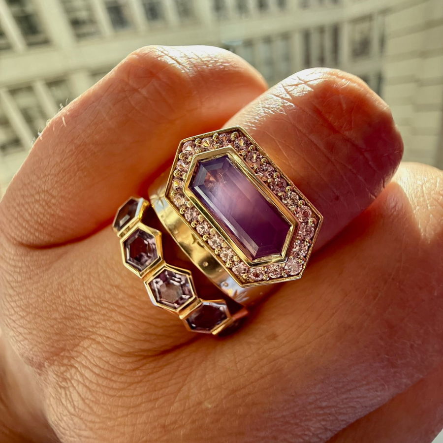 Pink-purple hexagon cut sapphire ring
