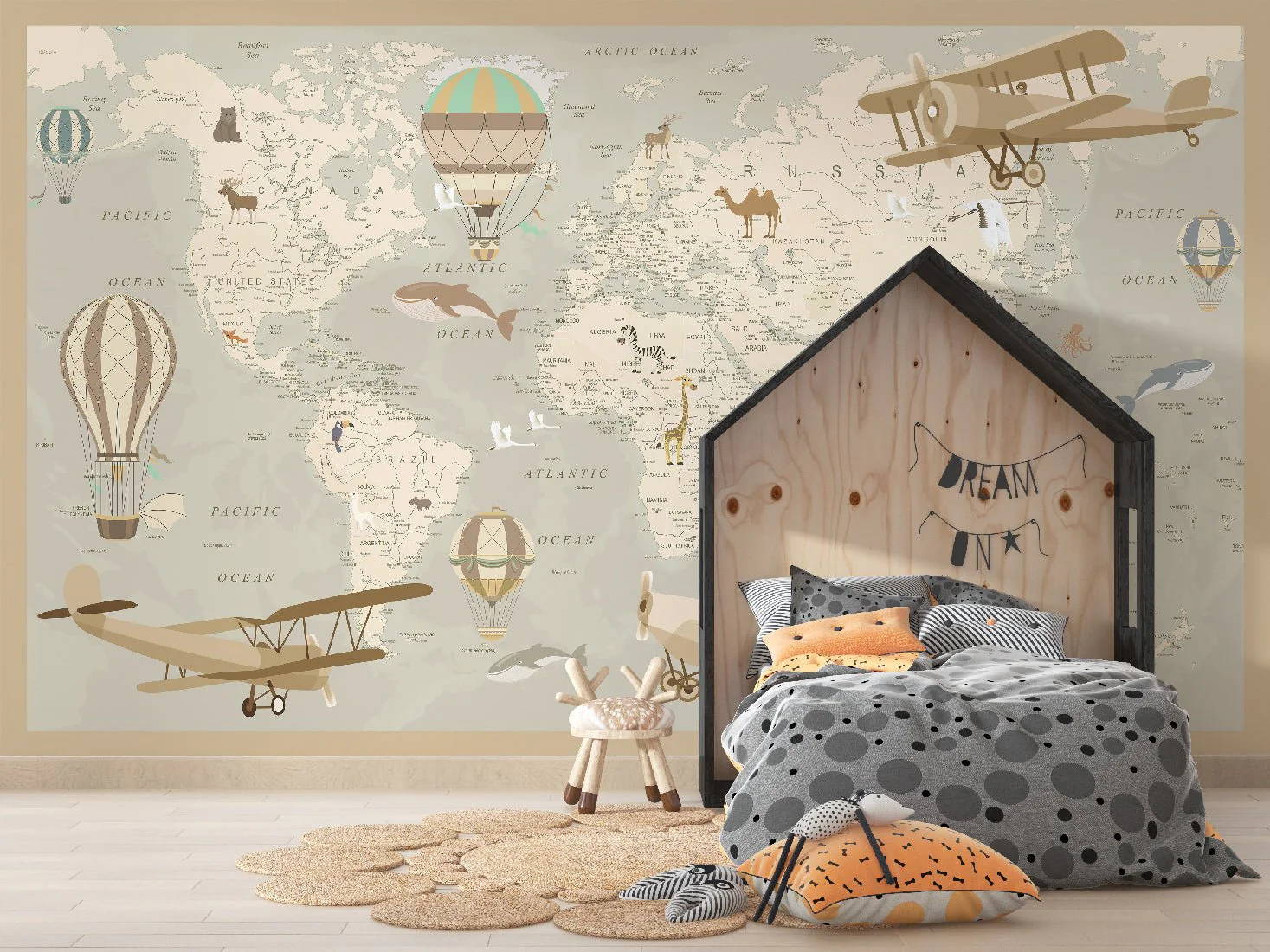 papier peint tete de lit enfant carte du monde aviateur