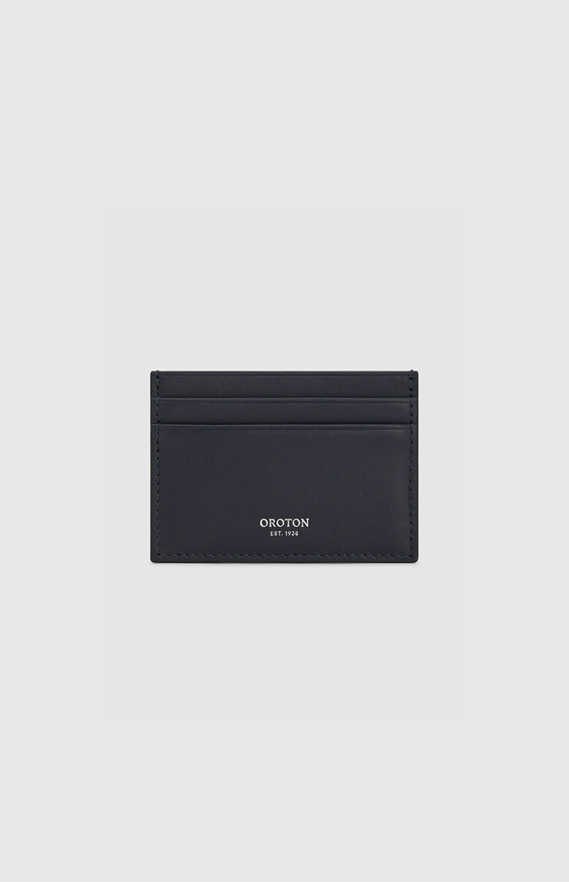 Black leather cardholder with multiple slots and logo.