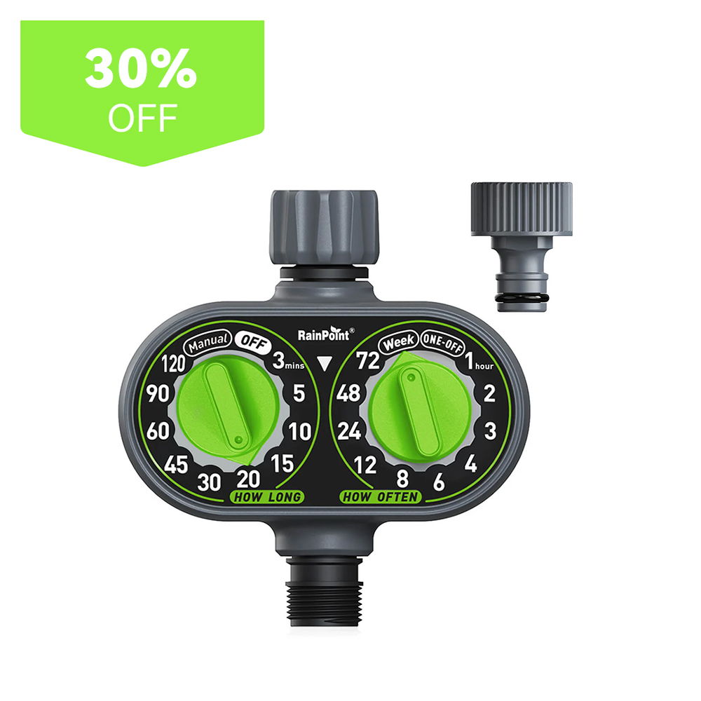 Garden hose timer with green knobs and a discount label.