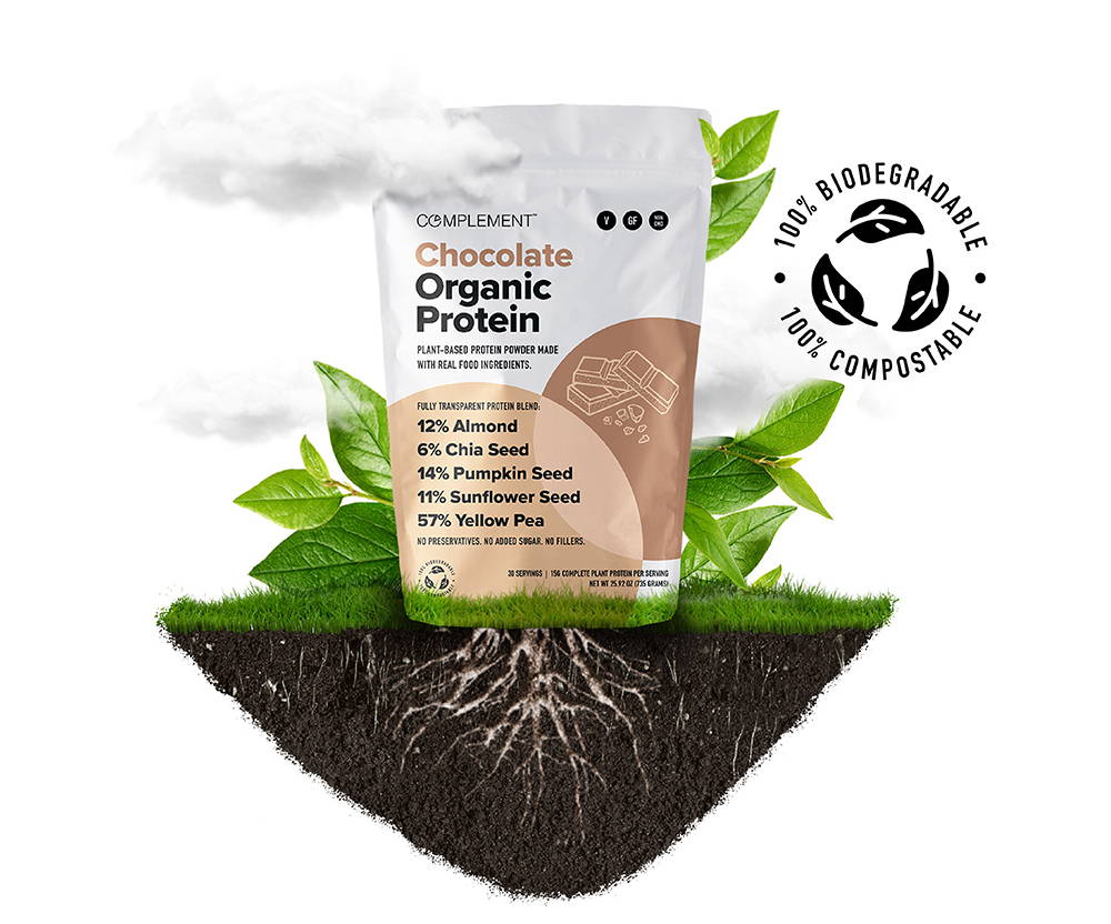 complement organic protein with 100% biodegradable and 100% compostable icon.