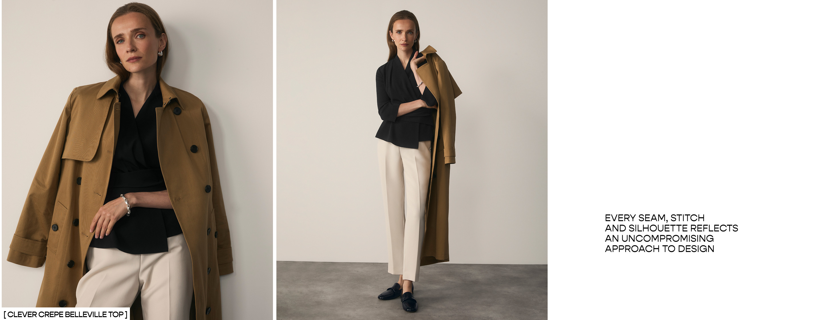 Model wearing Belleville top styled with Hawthorne trench