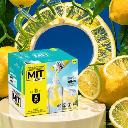MIT Light beverage box surrounded by fresh lemons and bright blue background.