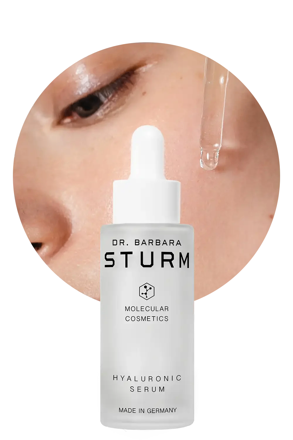 Bottle of Dr. Barbara Sturm Hyaluronic Serum with dropper and skin close-up.