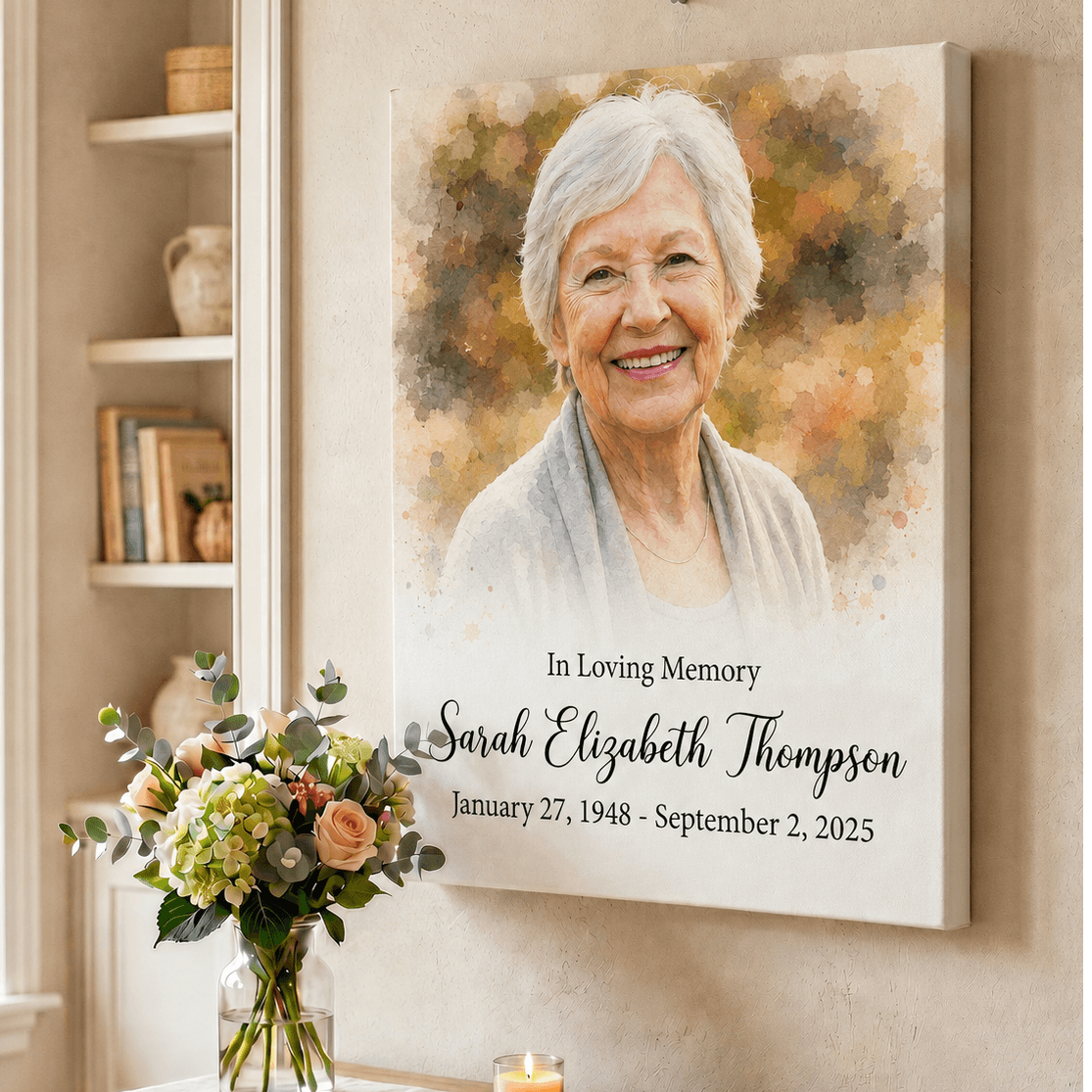 Portrait of a smiling elderly woman with a memorial plaque and flowers.