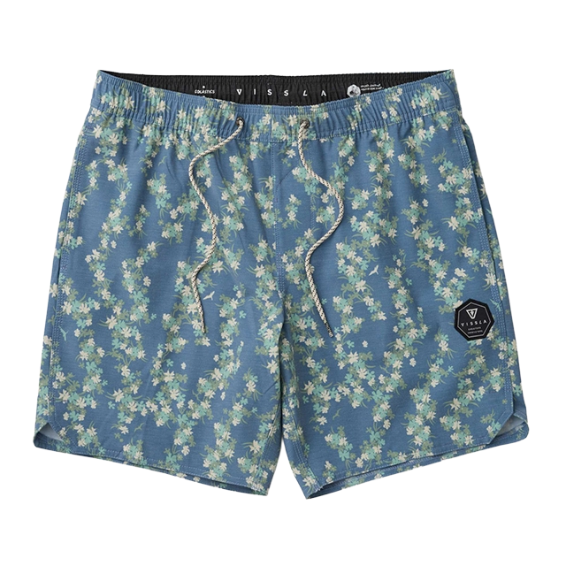 Blue floral swim shorts with a drawstring and logo patch.
